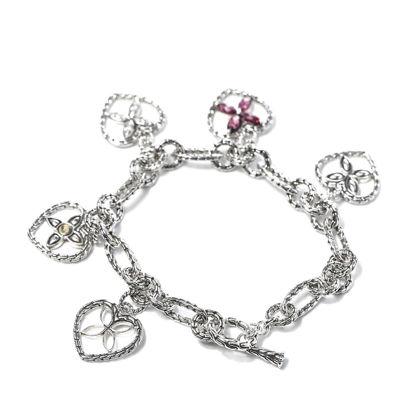 Sterling Silver 18K Yellow Gold Pink Sapphire Diamond Batu Kawung Heart Charm Bracelet