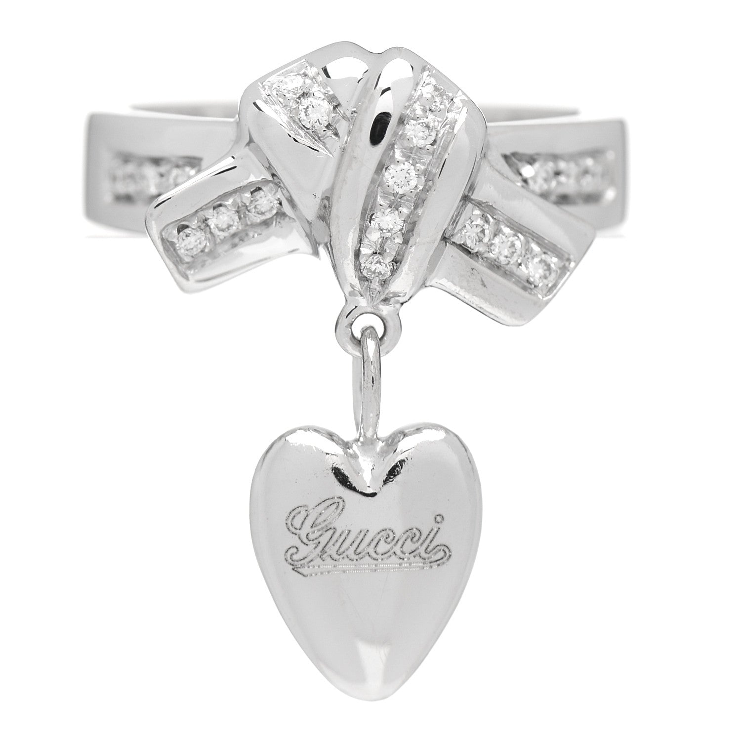 Gucci 18K White Gold Diamond Heart Charm Ring 51 5.75 1 of 4