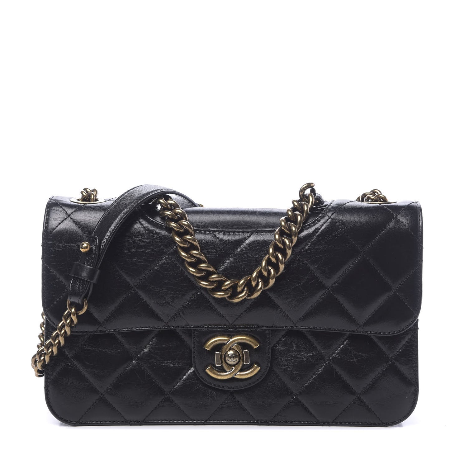 Glazed Calfskin Quilted Medium Perfect Edge Flap Black