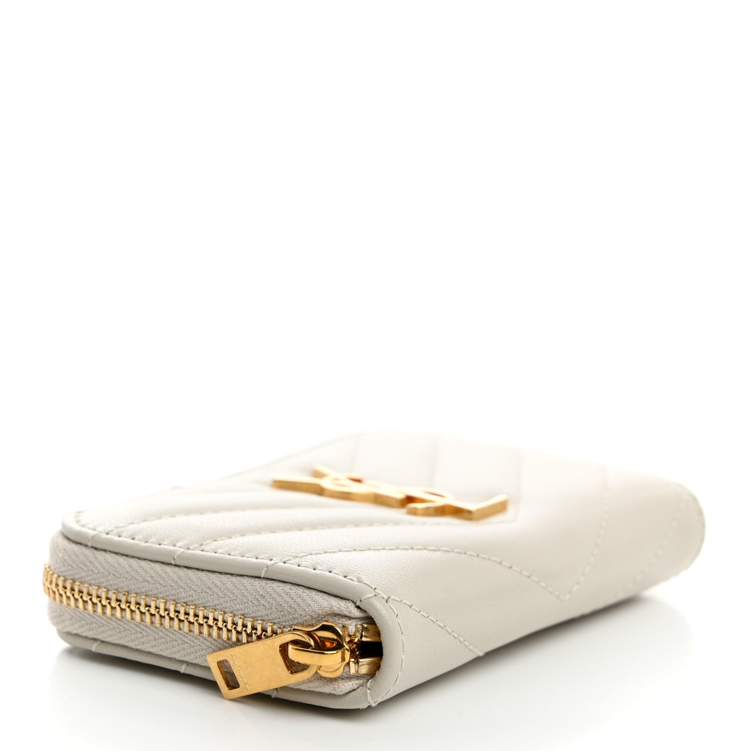 Saint Laurent Lambskin Matelasse Chevron Monogram Cassandre Compact Zip Around Card Wallet Crema Soft 4 of 7