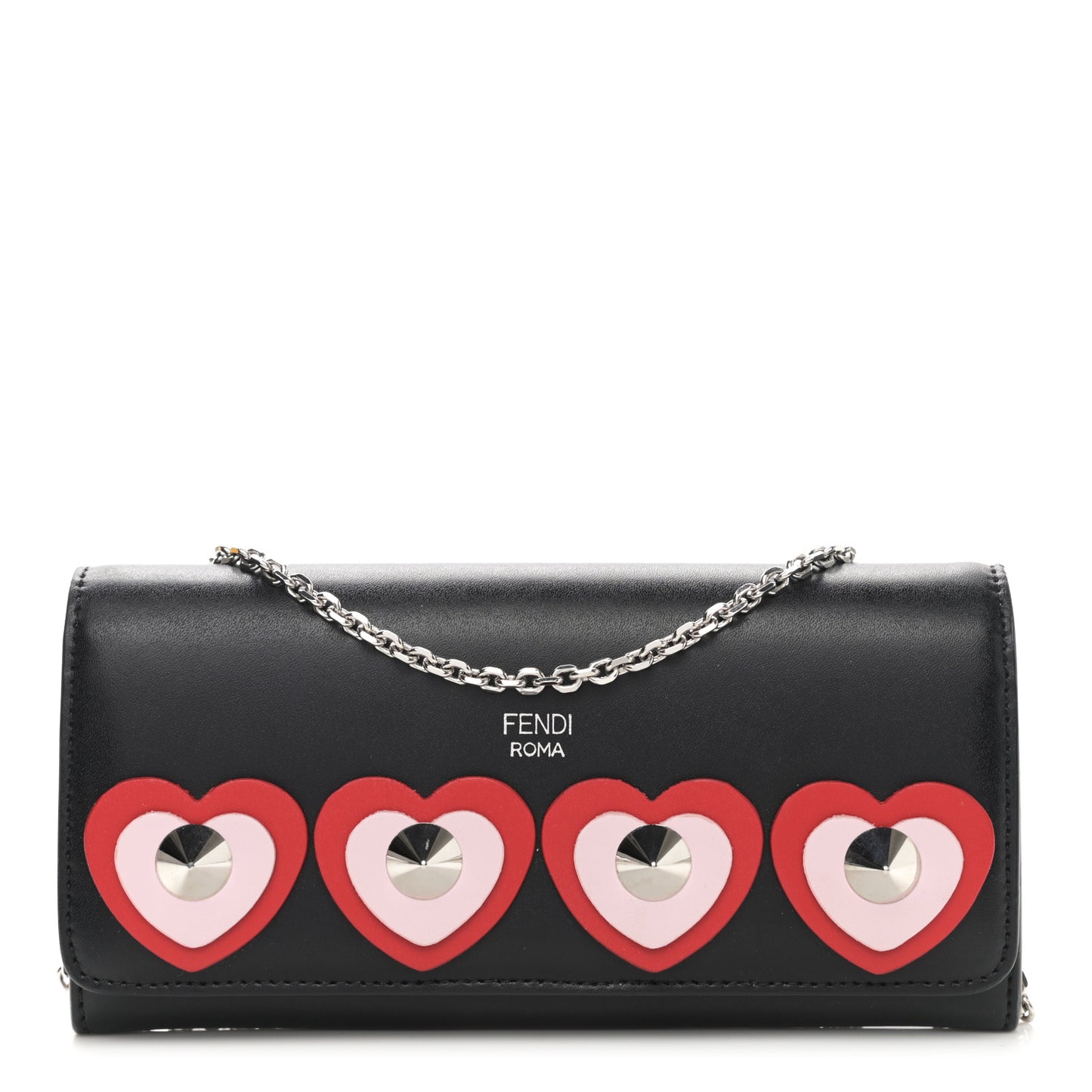 Calfskin Heart Studded Continental Wallet On Chain Black Red Peonia