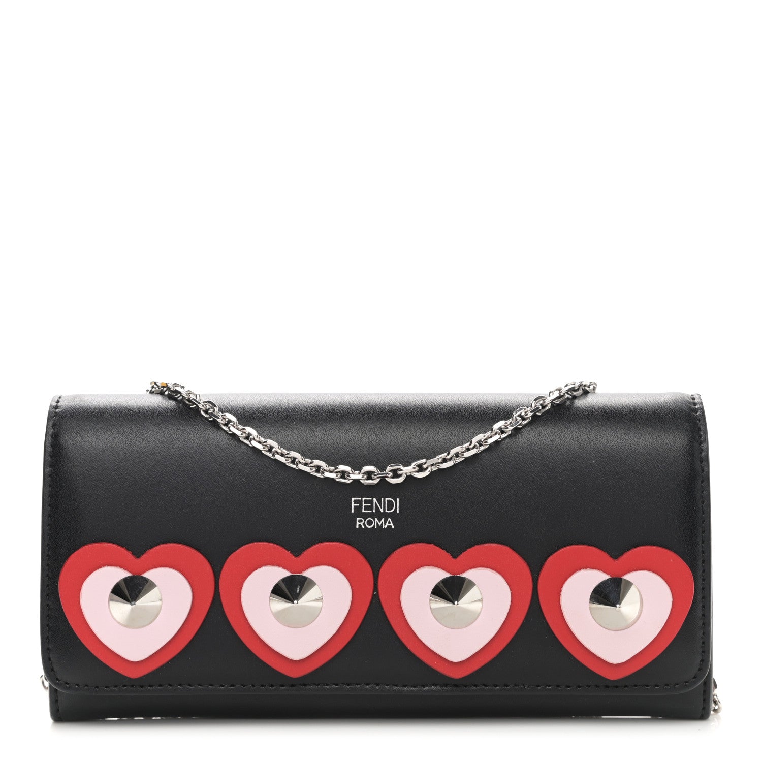Fendi Calfskin Heart Studded Continental Wallet On Chain Black Red Peonia 1 of 11