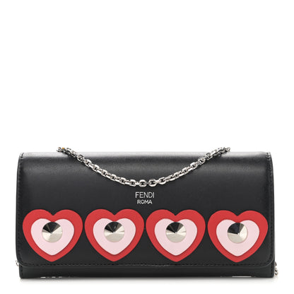 Fendi Calfskin Heart Studded Continental Wallet On Chain Black Red Peonia 1 of 11