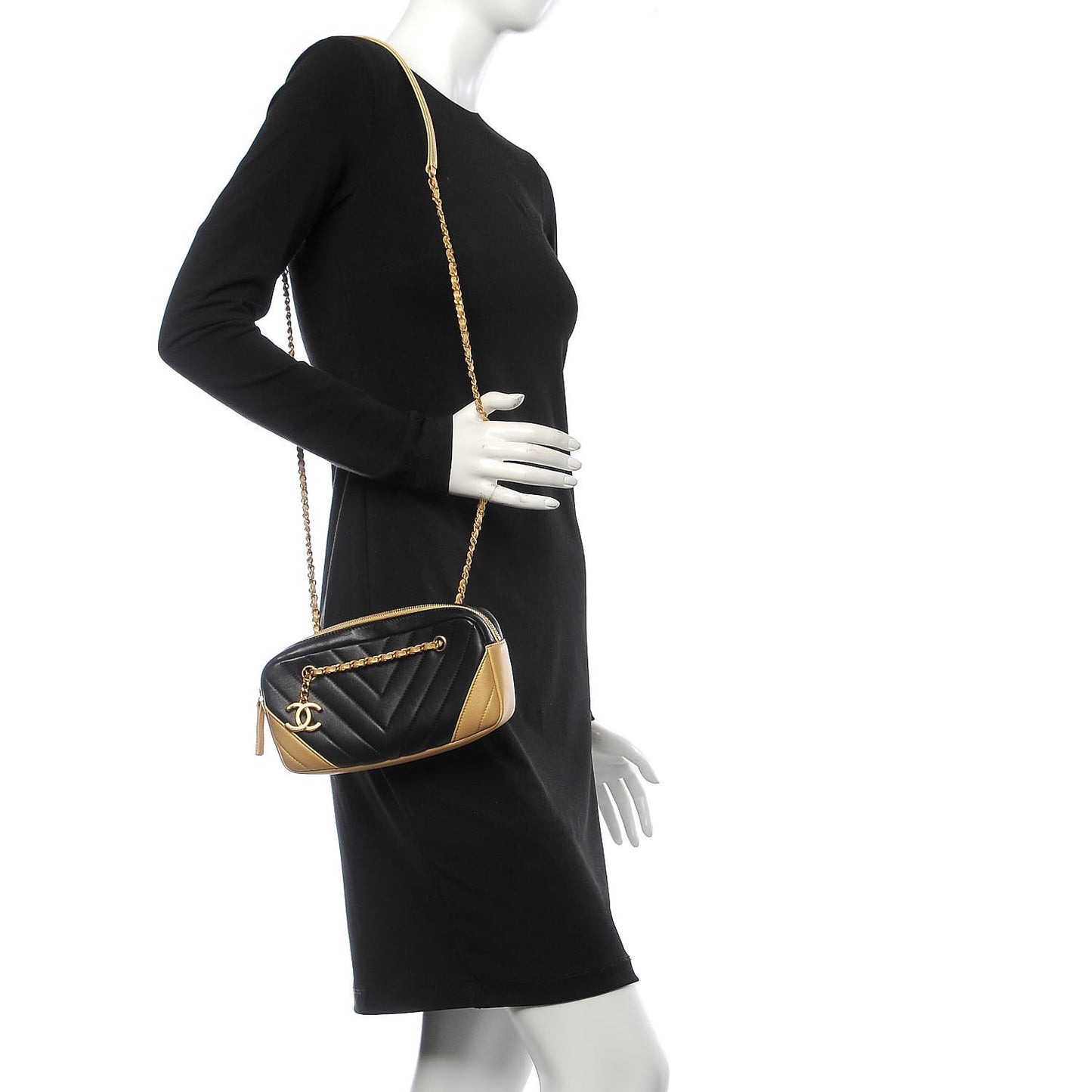 Lambskin Sheepskin Chevron Camera Case Black Gold