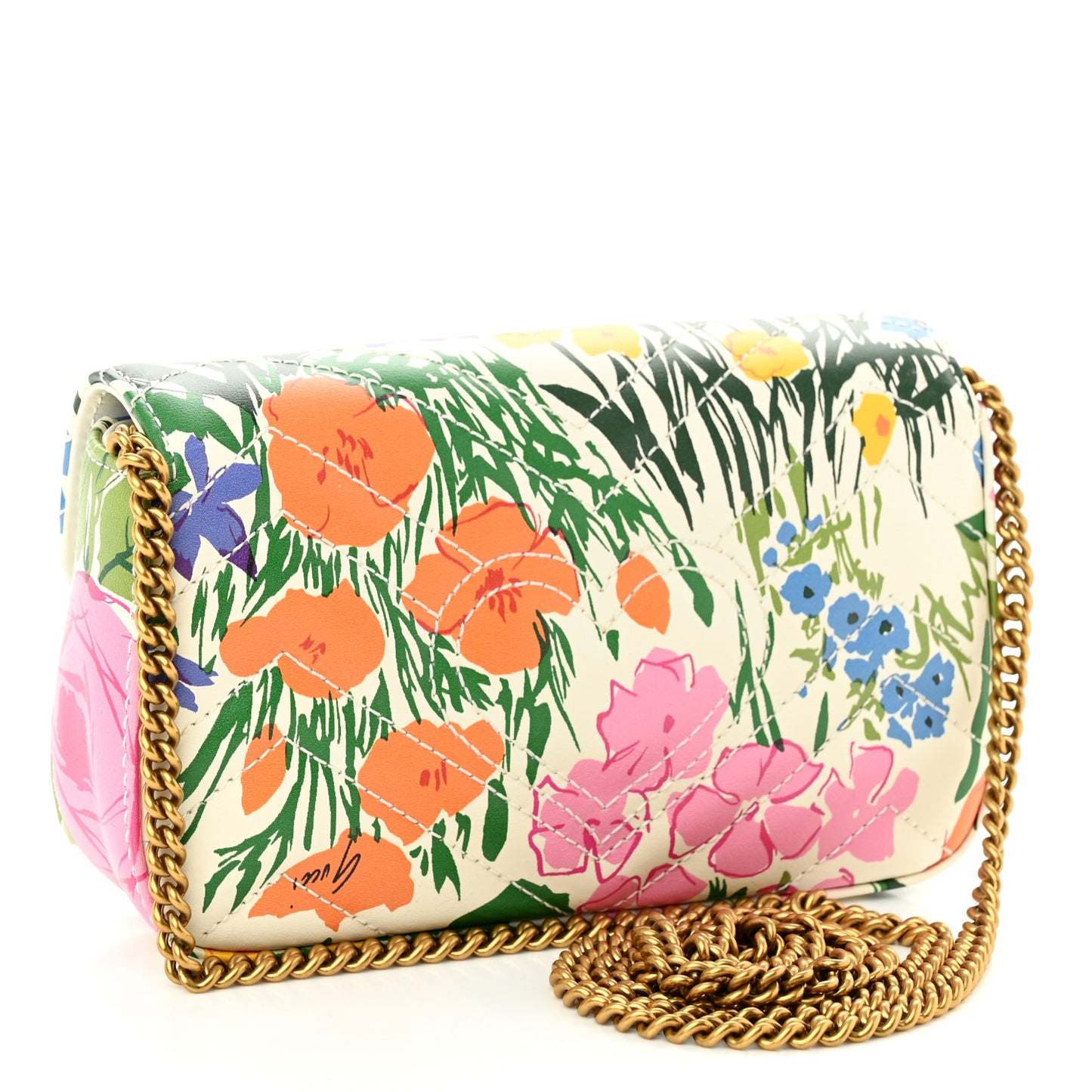 X KEN SCOTT Calfskin Matelasse Floral Print Super Mini GG Marmont Shoulder Bag Ivory Pink