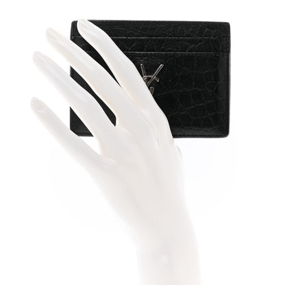 Saint Laurent Calfskin Crocodile Embossed Monogram Credit Card Case Black 2 of 8