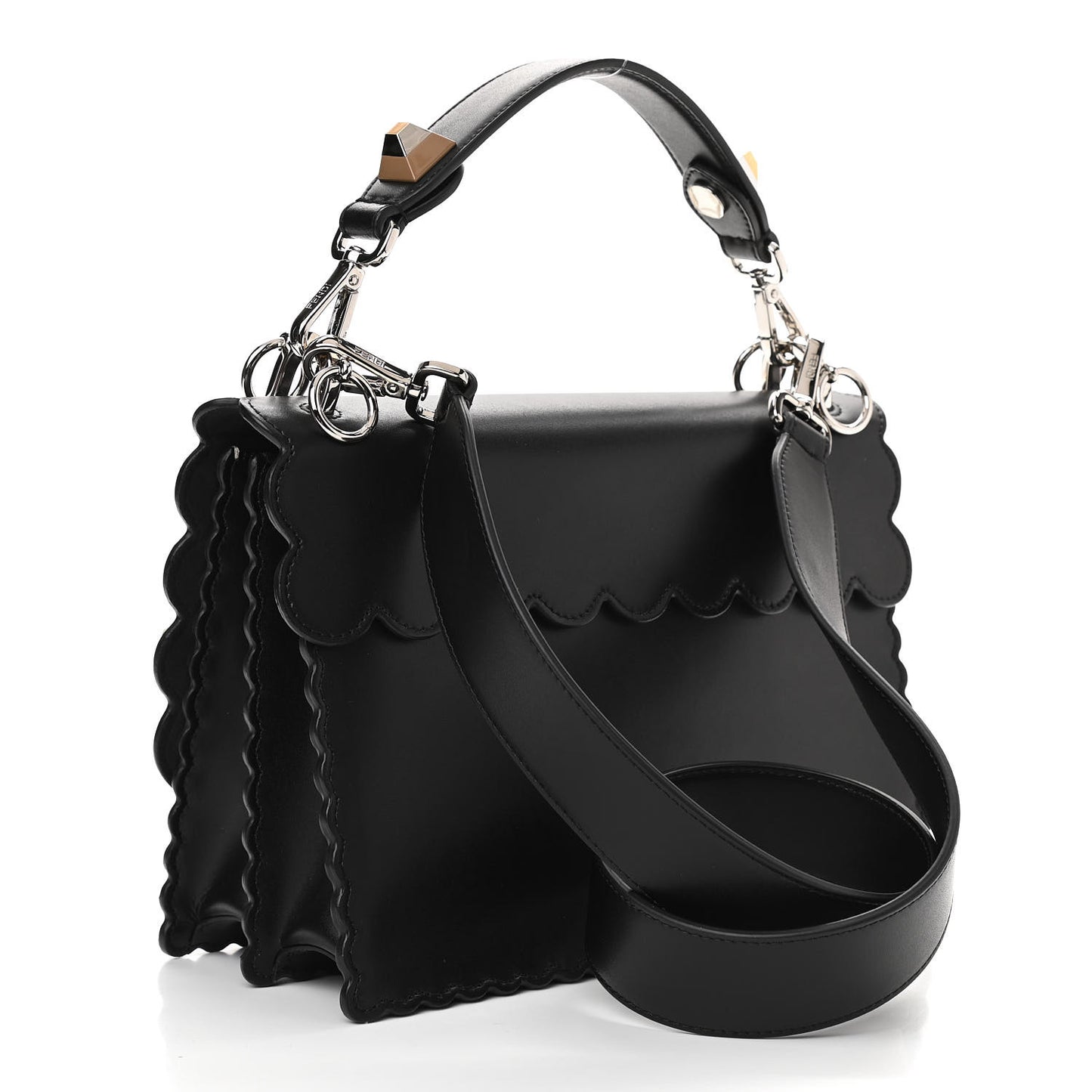 Vitello Liberty Pearl Bi-Color Flowers and Bows Scalloped Studded Kan I Shoulder Bag Black Camelia