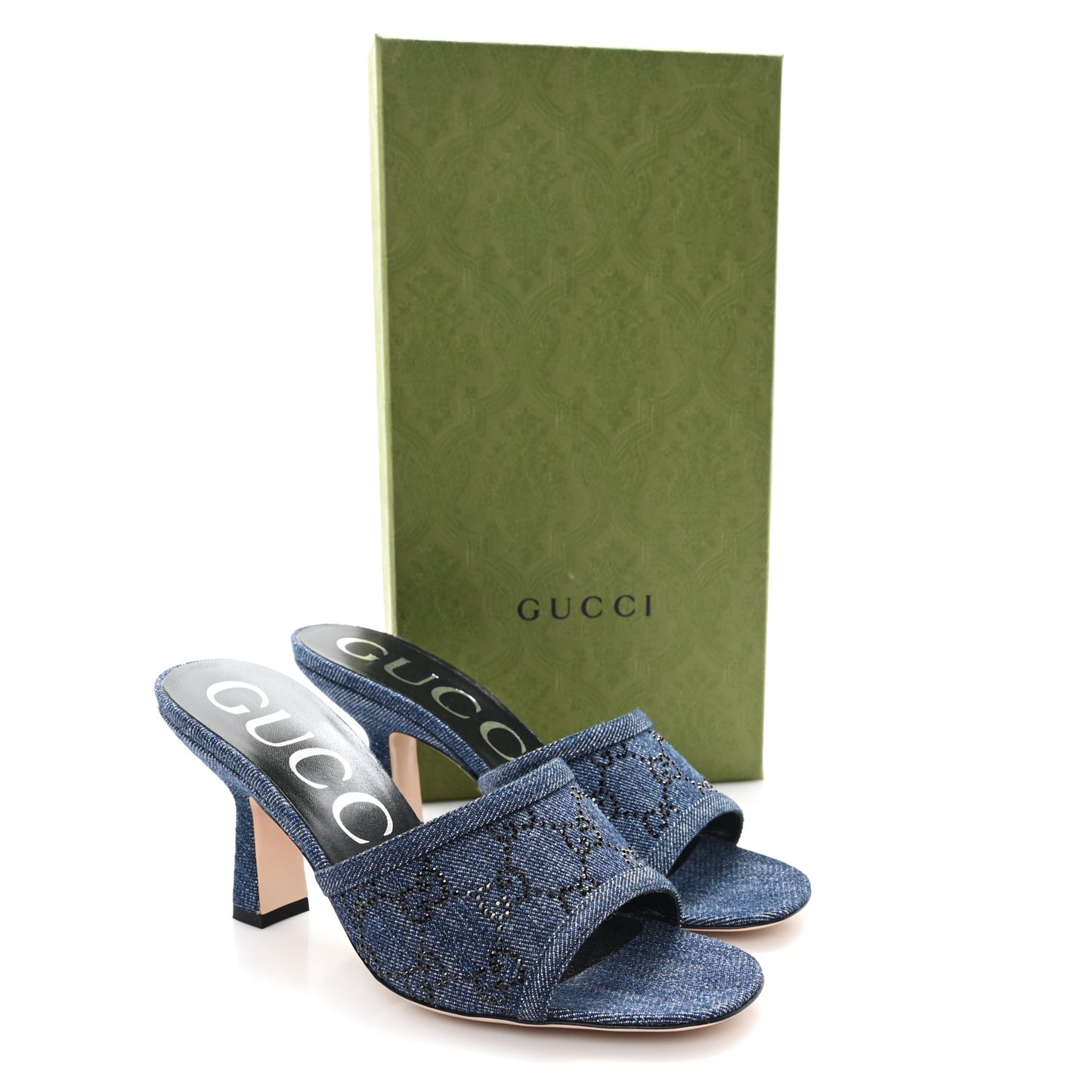 Denim Crystal GG Monogram Mules 37 Blue