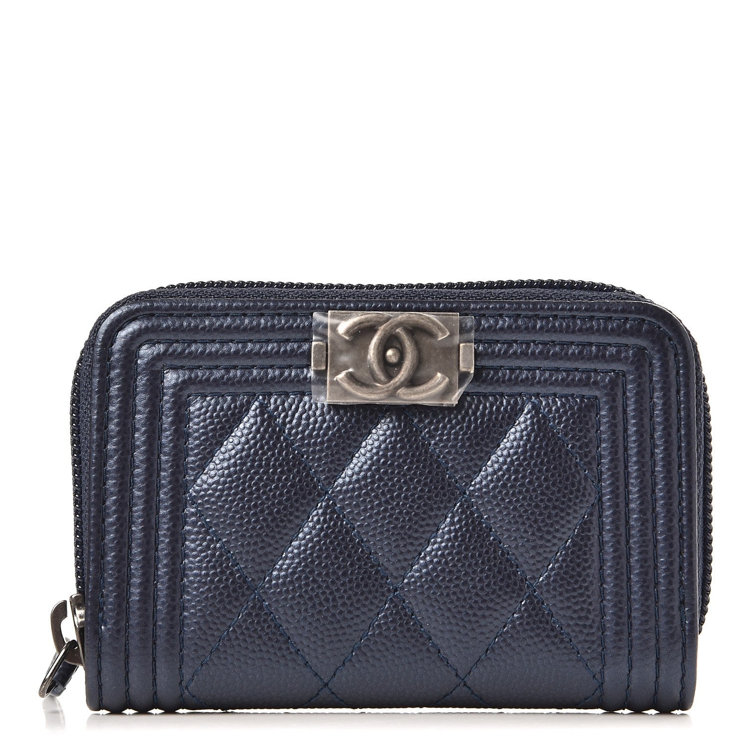 Chanel Metallic Caviar Quilted Boy Zip Around Coin Purse Wallet Navy 1 of 8