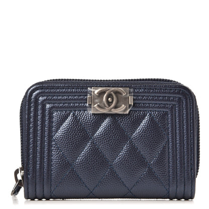 Chanel Metallic Caviar Quilted Boy Zip Around Coin Purse Wallet Navy 1 of 8