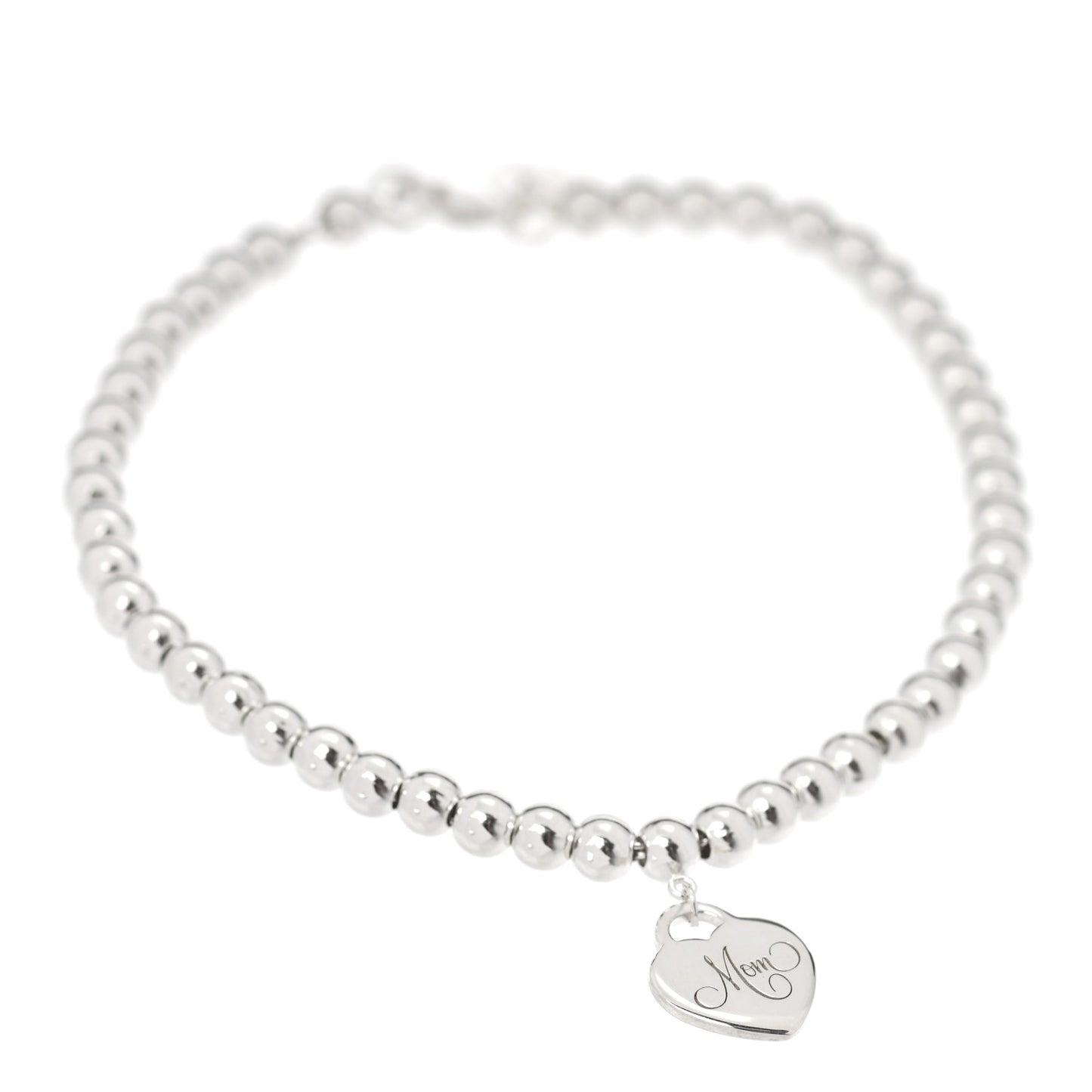 Sterling Silver 4mm Mom Heart Tag Bead Bracelet