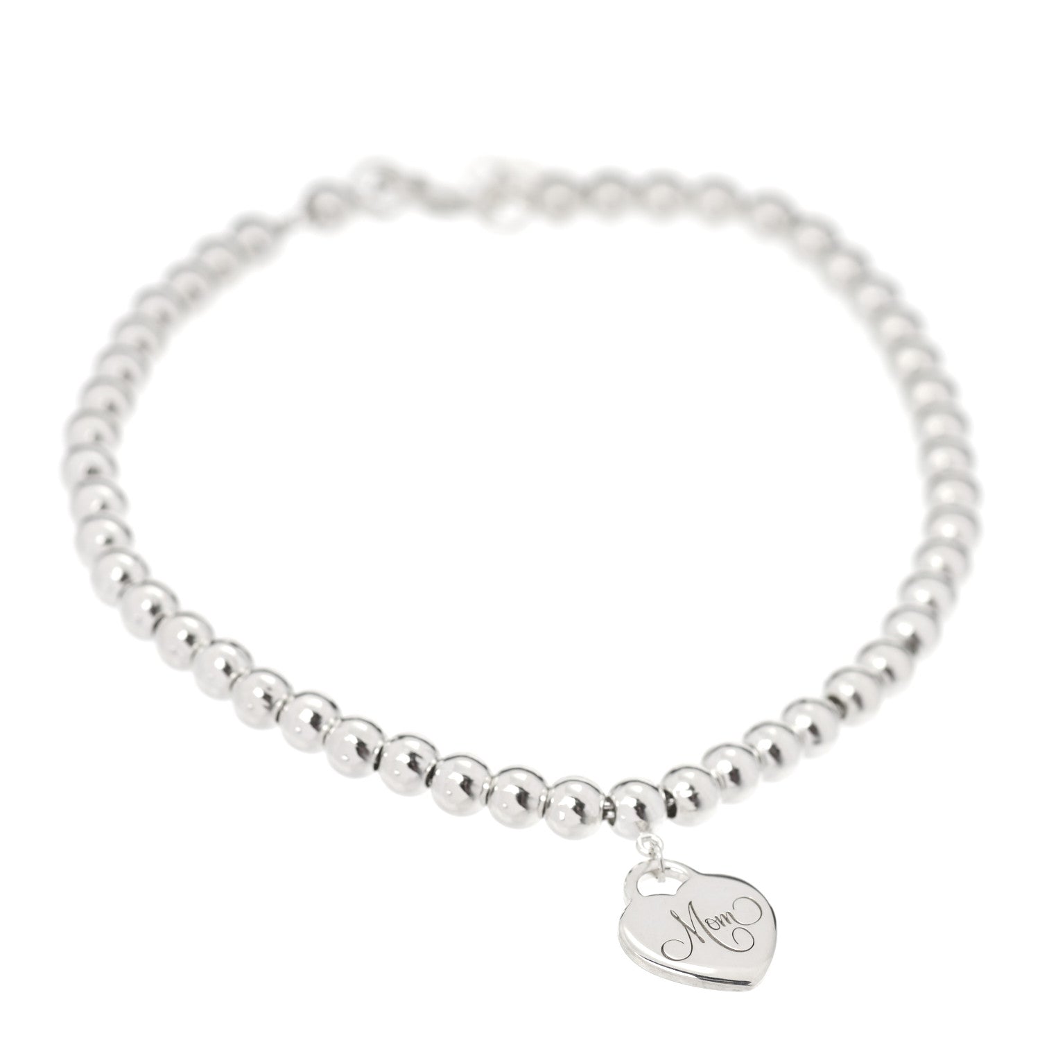 Tiffany Sterling Silver 4mm Mom Heart Tag Bead Bracelet 1 of 6