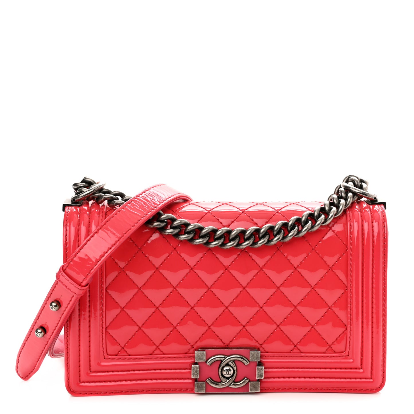 Patent Calfskin Enamel Quilted Medium Boy Flap Dark Pink