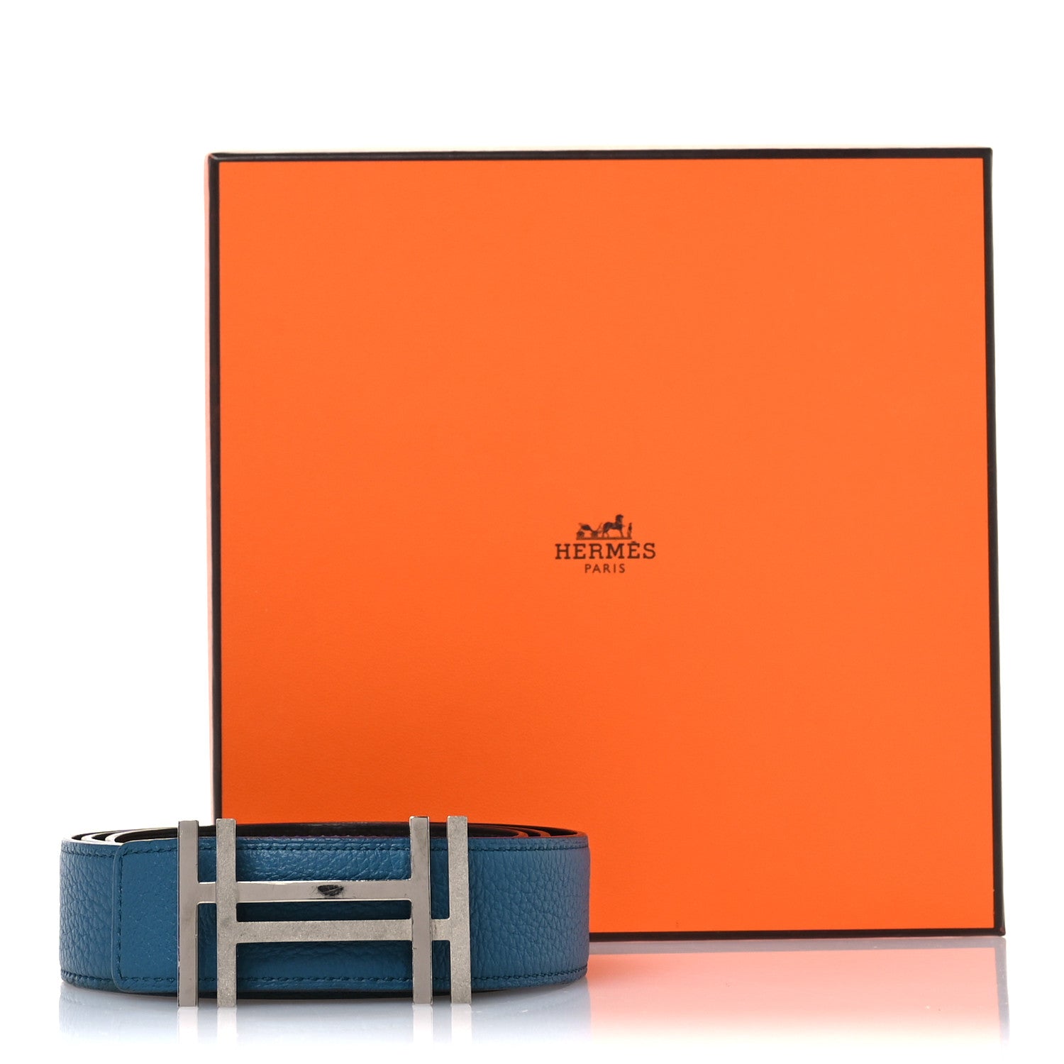 Hermes Box Togo 32mm Au Carre H Belt 85 34 Bleu Izmir Chocolate 6 of 6