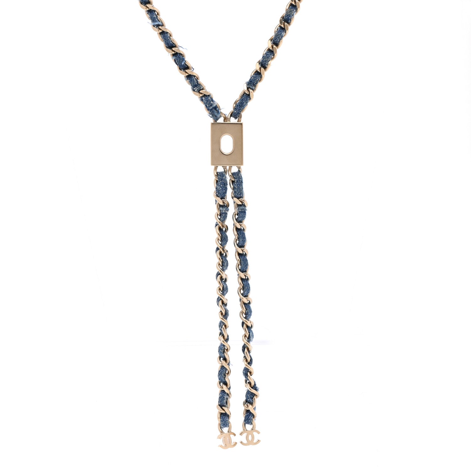 Chanel Metal Denim CC Necklace Blue Gold 1 of 7