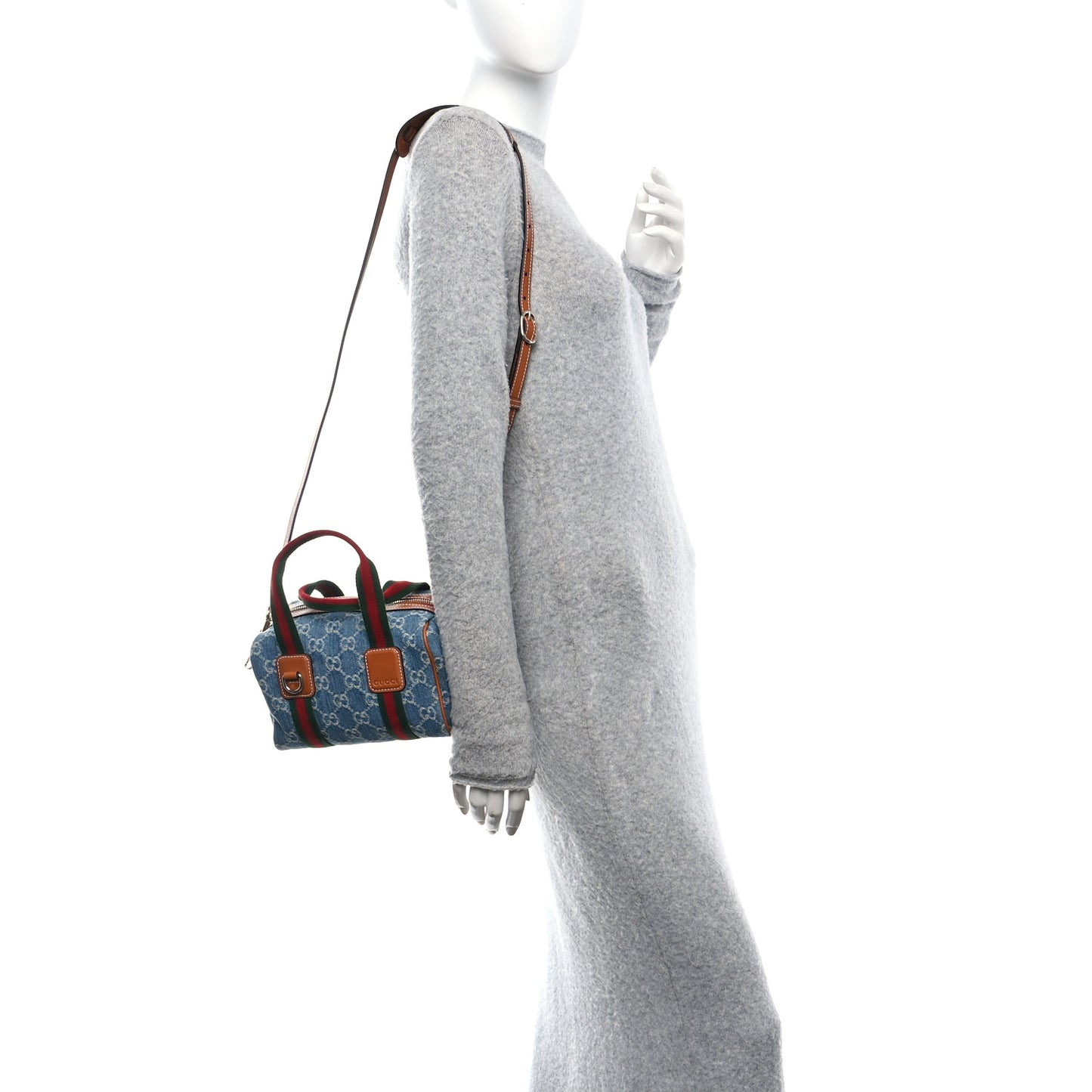 GG Denim Calfskin Web Mini GG Top Handle Bag Light Blue White