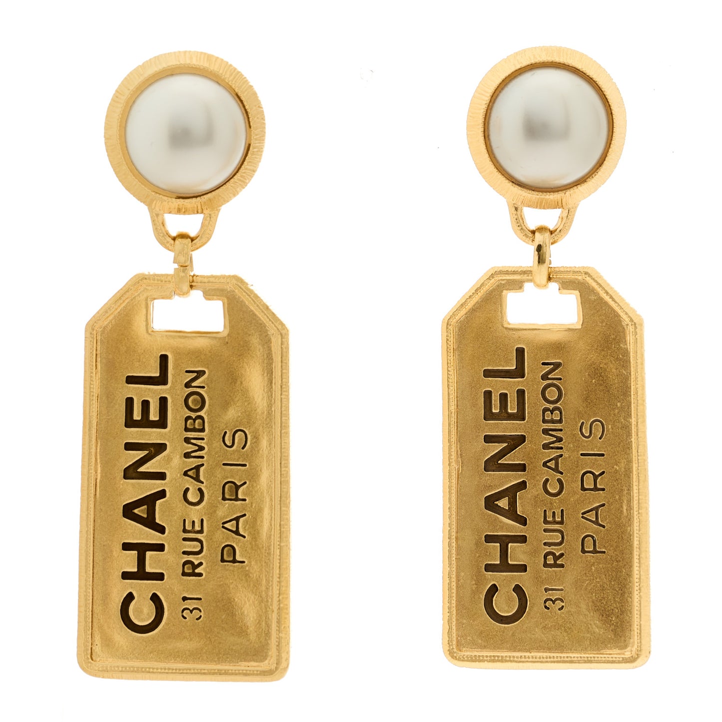 Pearl CC Tags Drop Earrings Gold