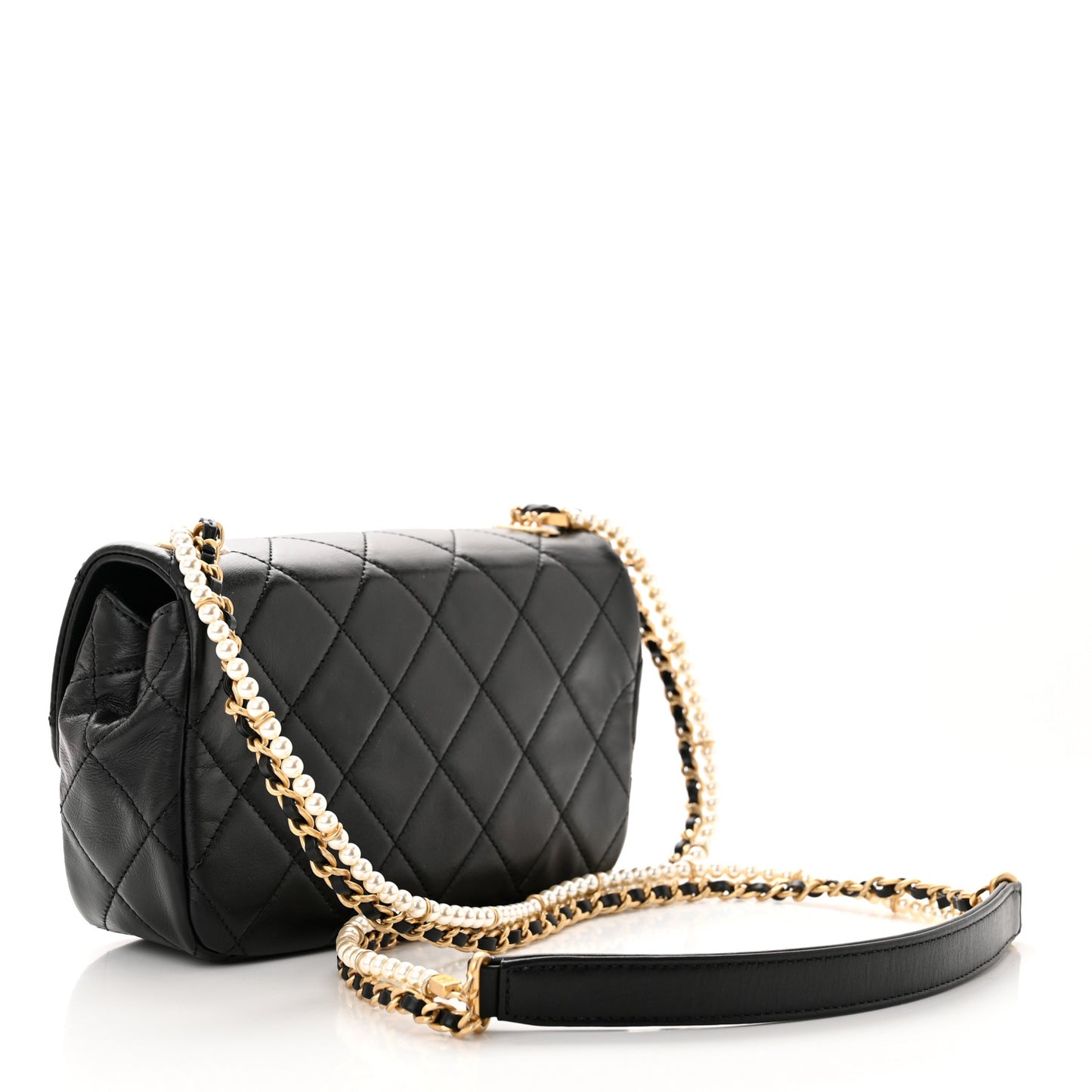 Calfskin Quilted Mini Rectangular Crystal Pearls Chain Flap Black