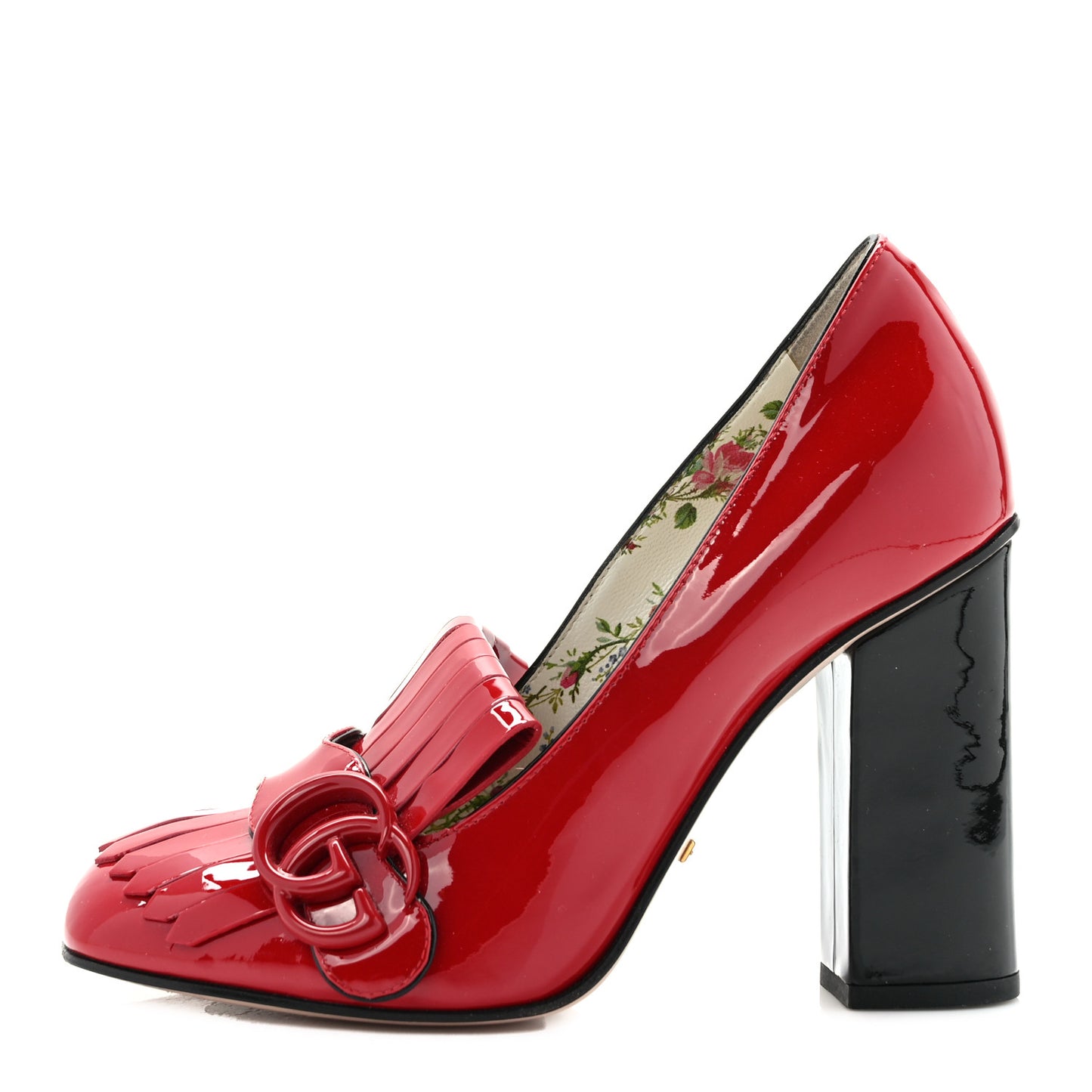 Vernice Crystal Enamel GG Marmont Fringe 105mm Loafer Pumps 36.5 Hibiscus Red Black