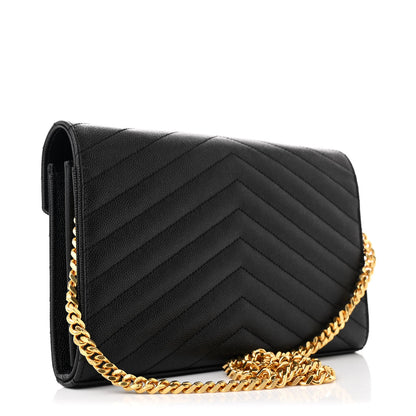 Saint Laurent Grain De Poudre Matelasse Chevron Monogram Chain Wallet Black 3 of 12