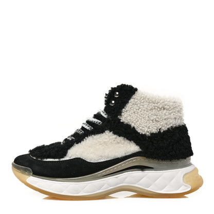 Chanel Shearling Suede CC High Top Sneakers 35.5 Black White 1 of 6