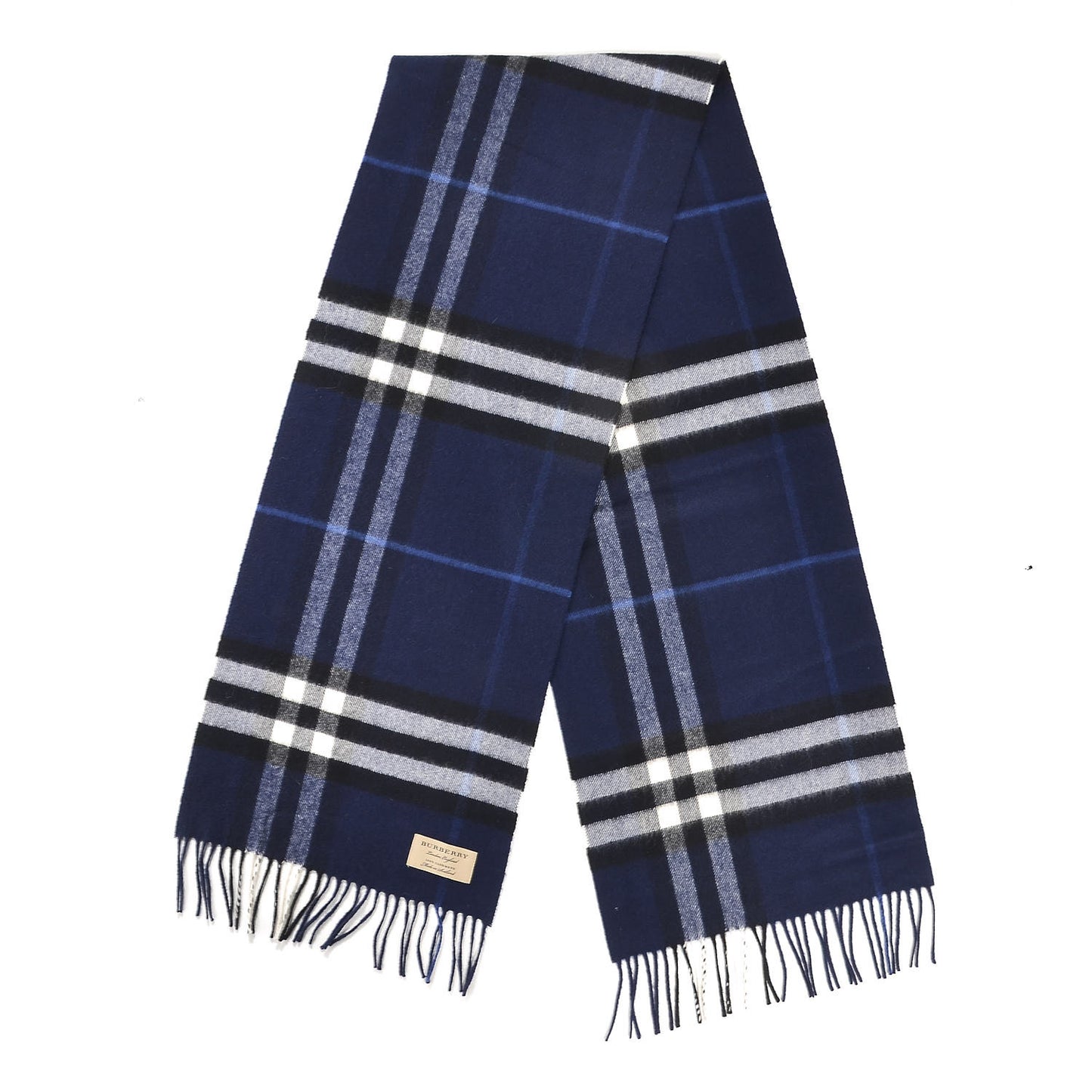 Cashmere Giant Check Fringe Scarf Indigo Blue