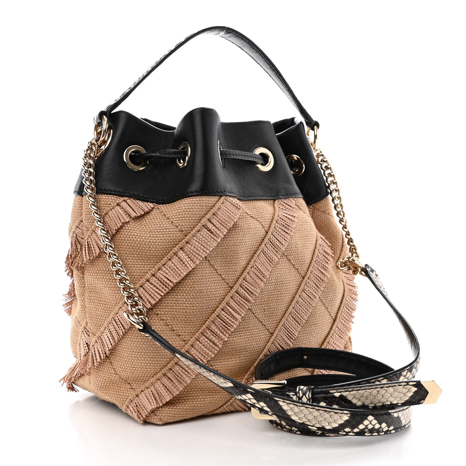 Jimmy Choo Raffia Fringe Snakeskin Juno Bucket Bag Black 3 of 9