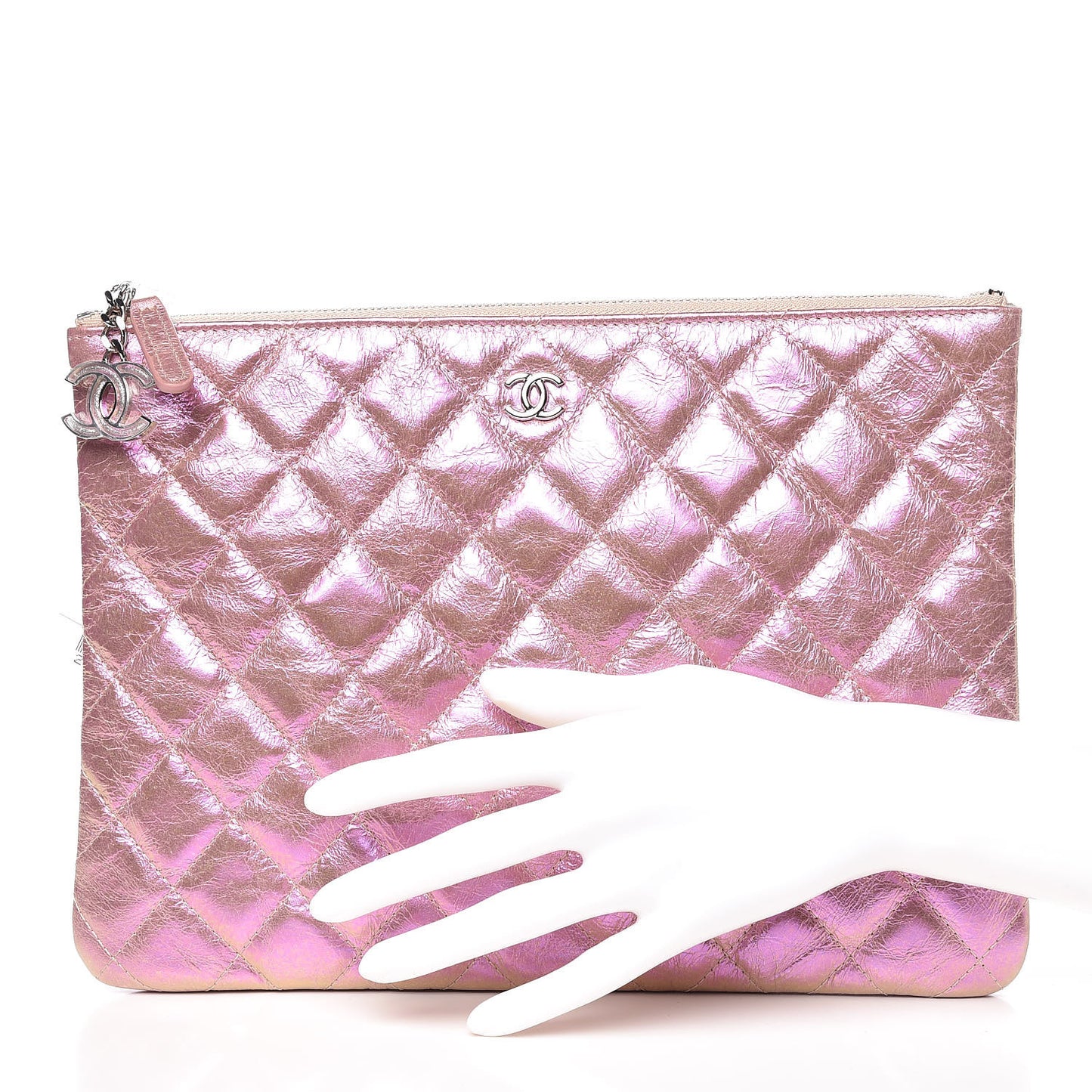 Iridescent Crumpled Calfskin Medium Cosmetic Case Pink