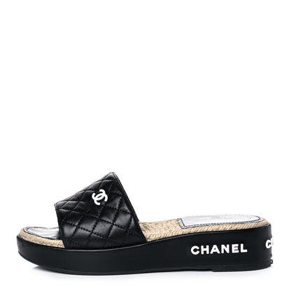 Chanel Lambskin Quilted CC Espadrille Slip On Sandals 39 Black 1 of 11