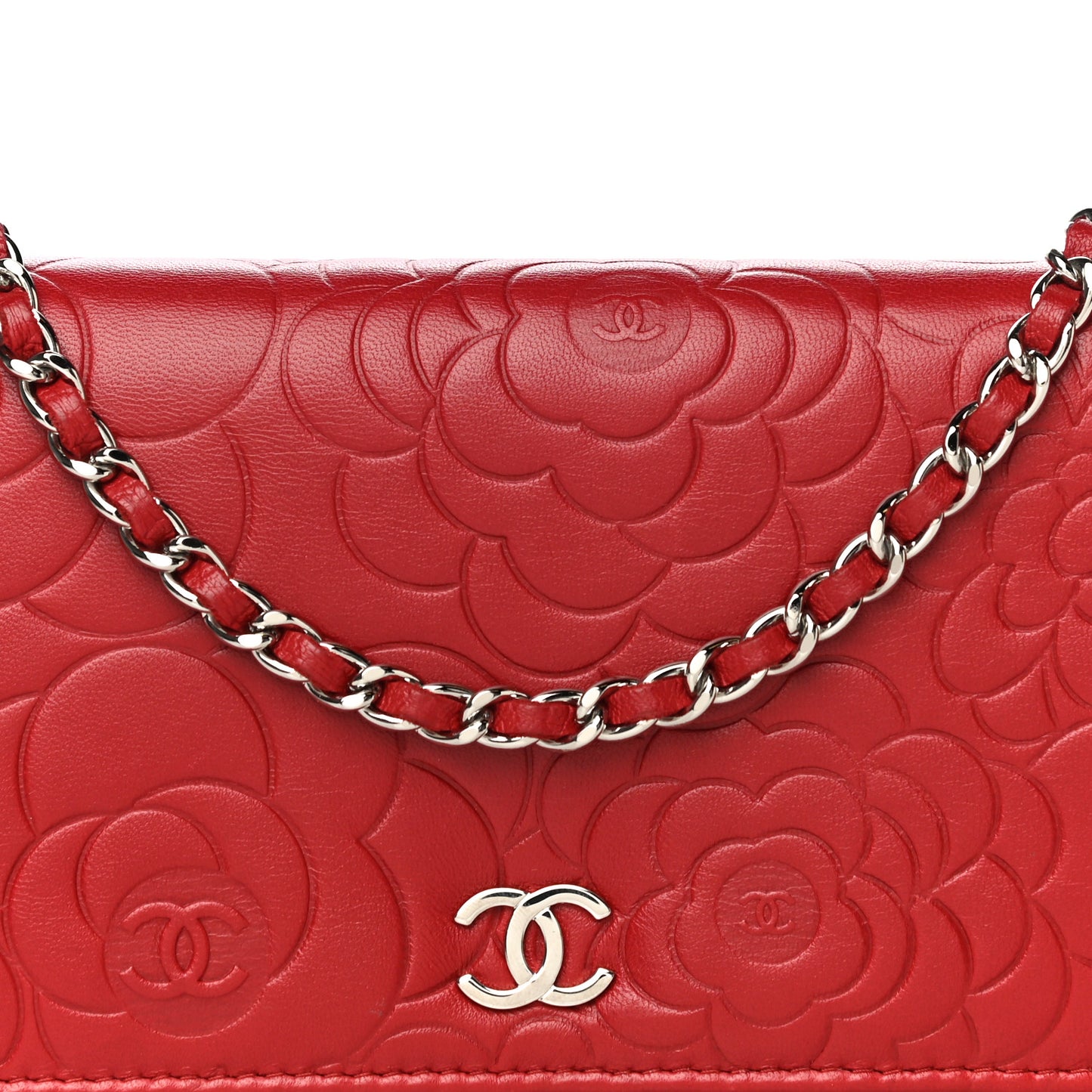 Lambskin Camellia Embossed Wallet On Chain WOC Red