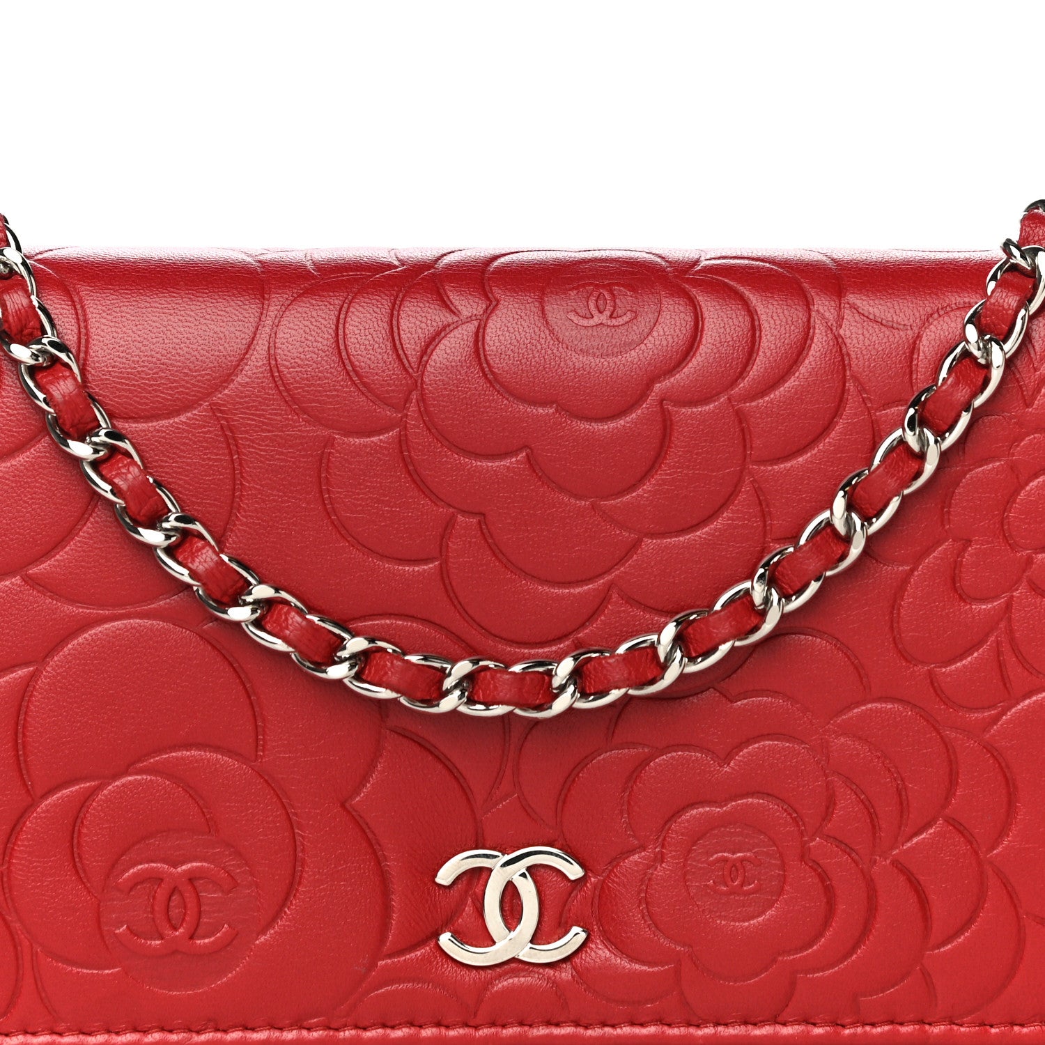 Chanel Lambskin Camellia Embossed Wallet On Chain WOC Red 9 of 19
