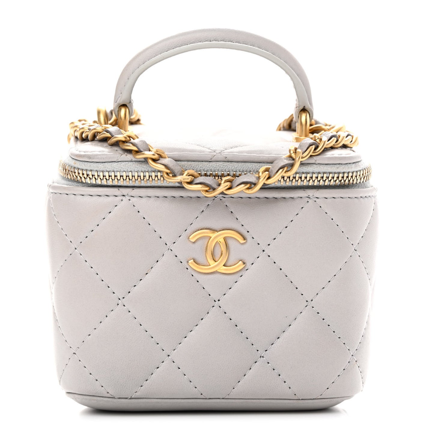 Lambskin Quilted Top Handle Mini Vanity Case With Chain Grey