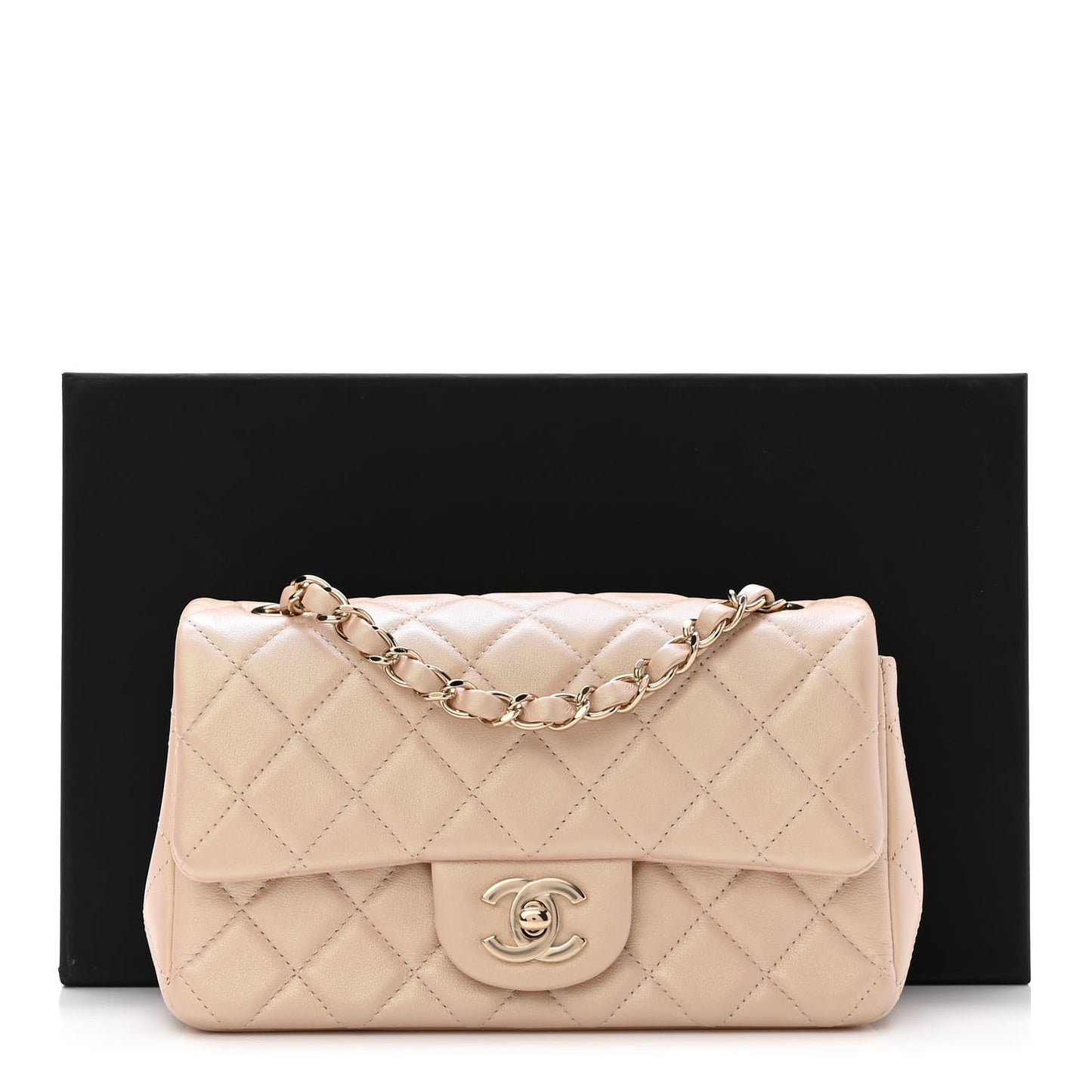 Iridescent Calfskin Quilted Mini Rectangular Flap Beige