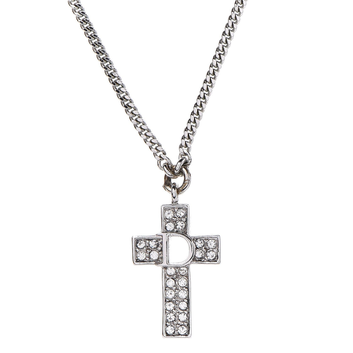 Christian Dior Crystal Cross Necklace Silver 4 of 6
