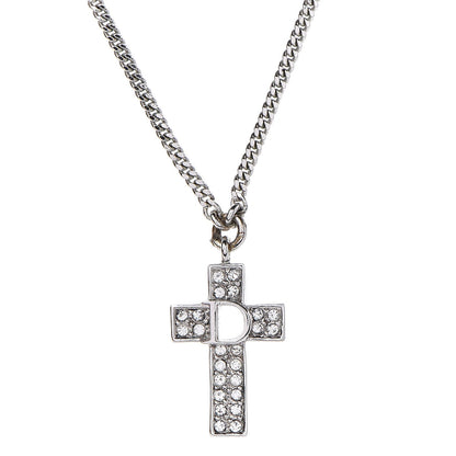 Christian Dior Crystal Cross Necklace Silver 4 of 6