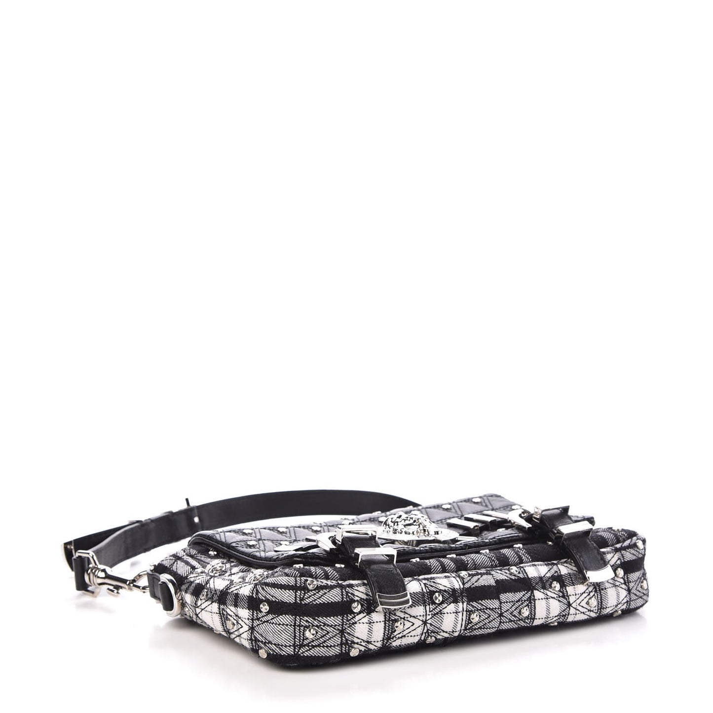 Calfskin Plaid Quilted Studded Shoulder Bag Black