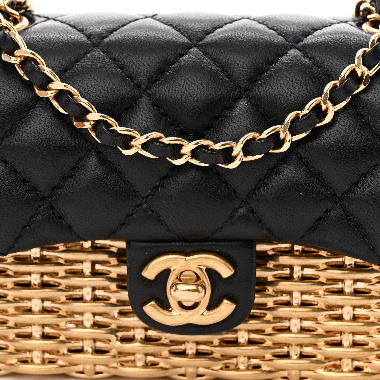 Woven Metal Lambskin Quilted Small Flap Black Gold