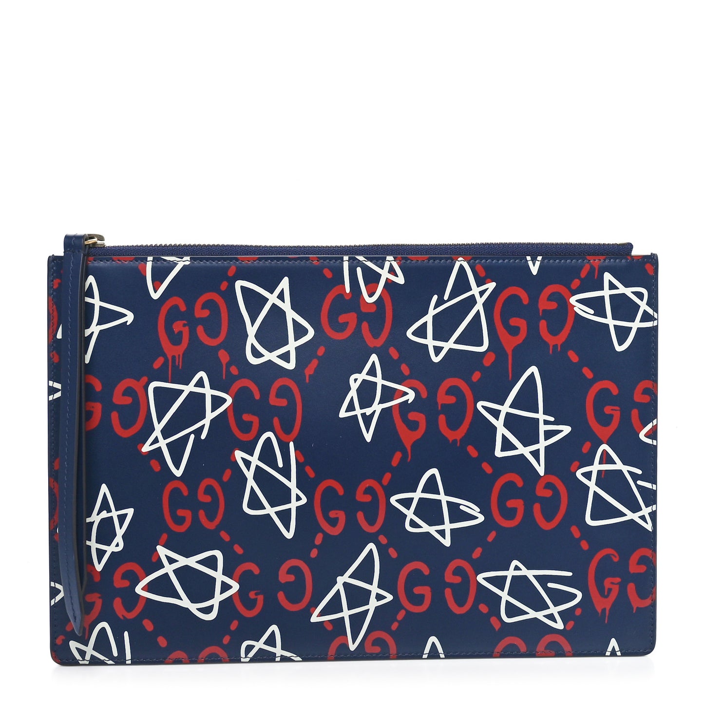 Calfskin GucciGhost Print Pouch Blue Agata Hibiscus Red