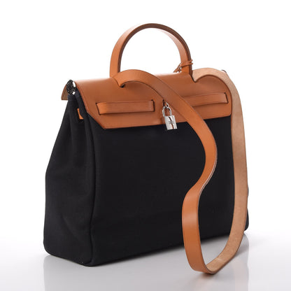 Hermes Toile Vache Calfskin Herbag 30 PM Black Natural 5 of 14