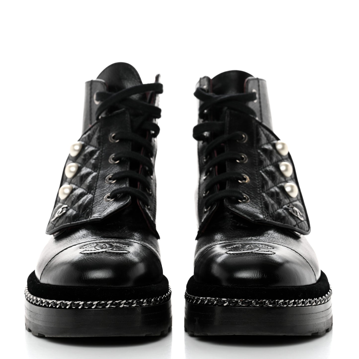Crackled Calfskin Velvet Pearl Combat Short Boots 36 Black