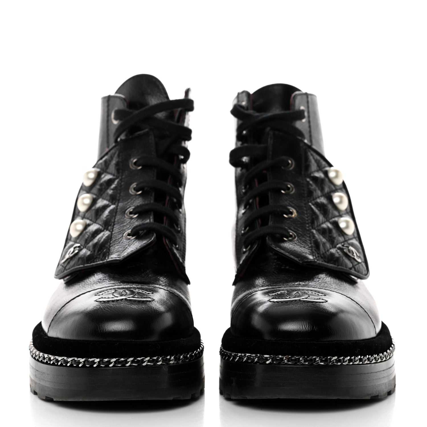 Chanel Crackled Calfskin Velvet Pearl Combat Short Boots 36 Black 2 of 8