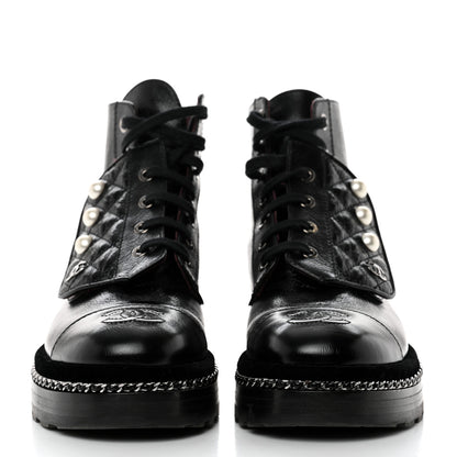 Chanel Crackled Calfskin Velvet Pearl Combat Short Boots 36 Black 2 of 8