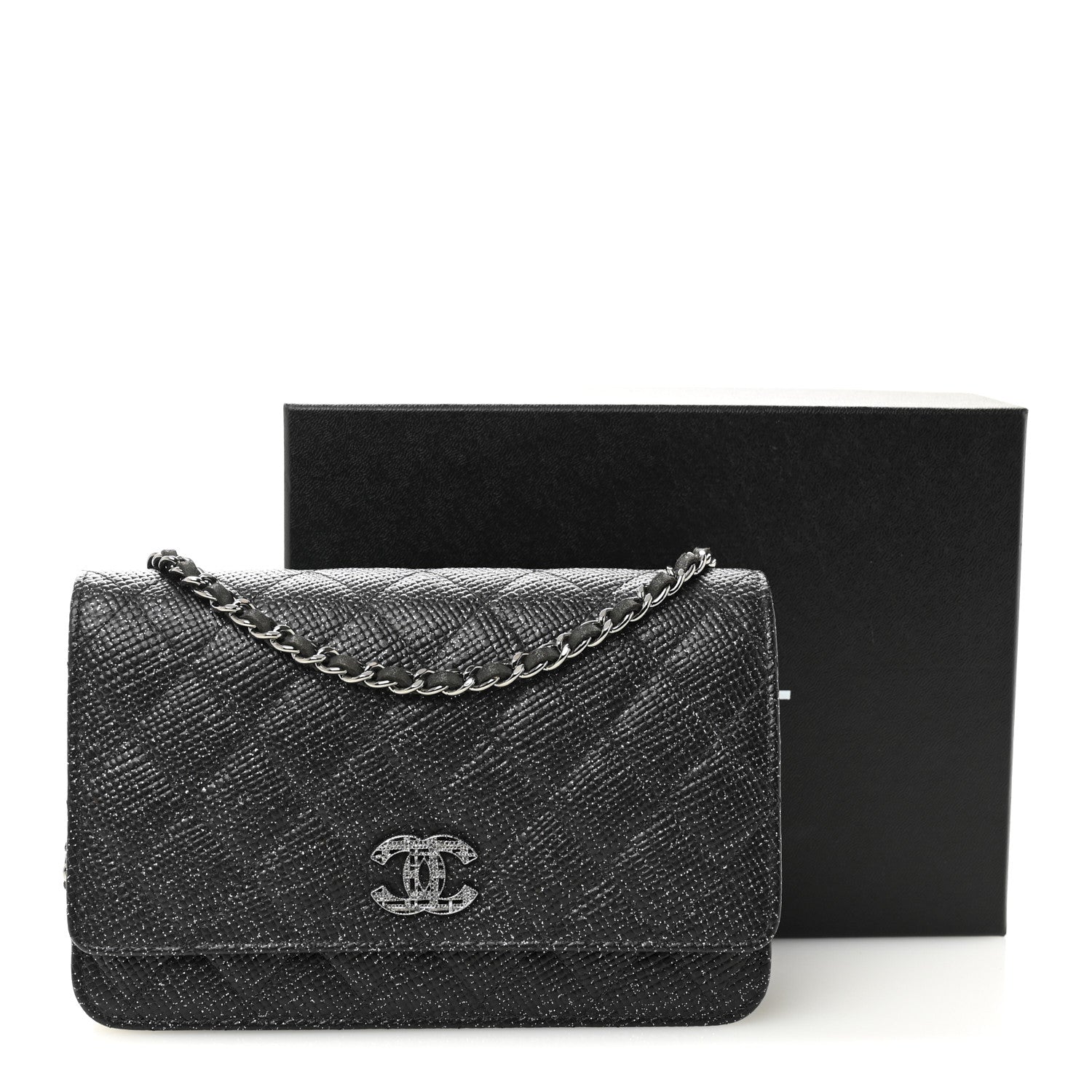 Chanel Glitter Calfskin Quilted Wallet on Chain WOC Black 12 of 12