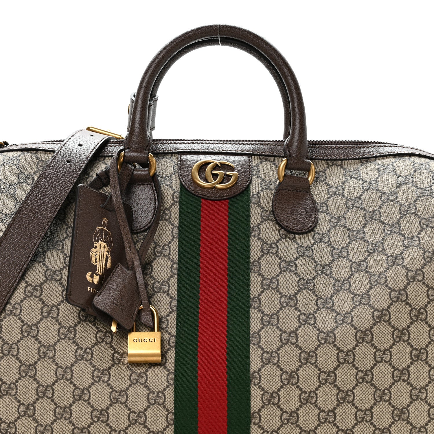 Gucci GG Supreme Monogram Textured Dollar Calfskin Web Medium Savoy Duffle Bag Beige Dark Brown 7 of 9