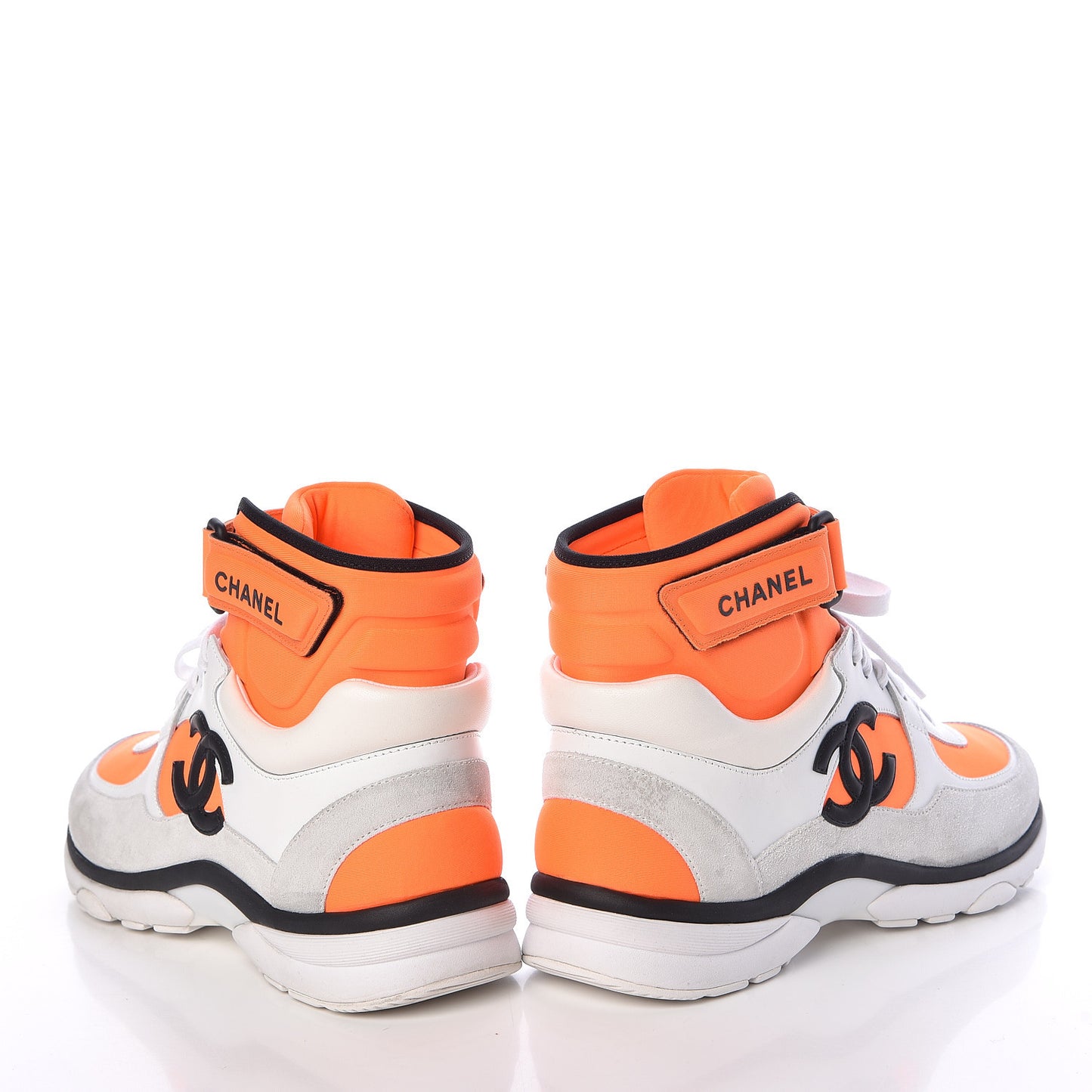 Suede Calfskin Lambskin Neoprene High Top CC Sneakers 37.5 White Fluo Orange