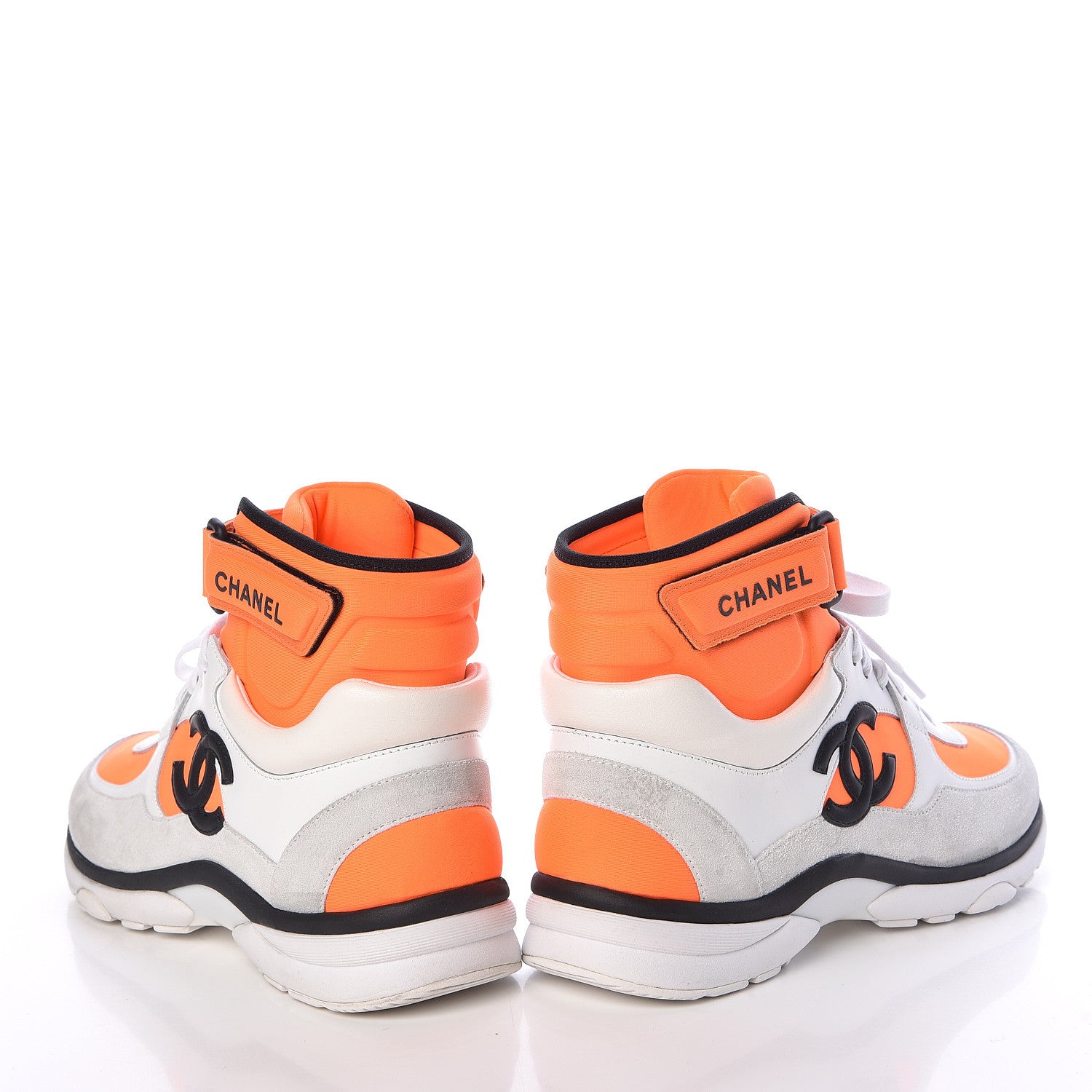Chanel Suede Calfskin Lambskin Neoprene High Top CC Sneakers 37.5 White Fluo Orange 5 of 15