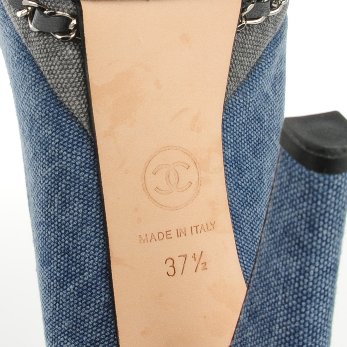 Denim Chain Around Cap Toe Platform Pumps 37.5 Blue Gris Fonce