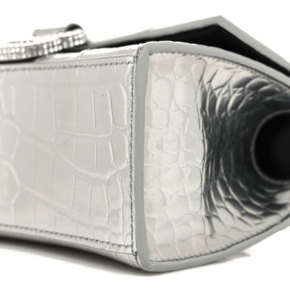 Balenciaga Metallic Calfskin Crocodile Embossed Crystal Hourglass Top Handle Bag XS Silver 10 of 10