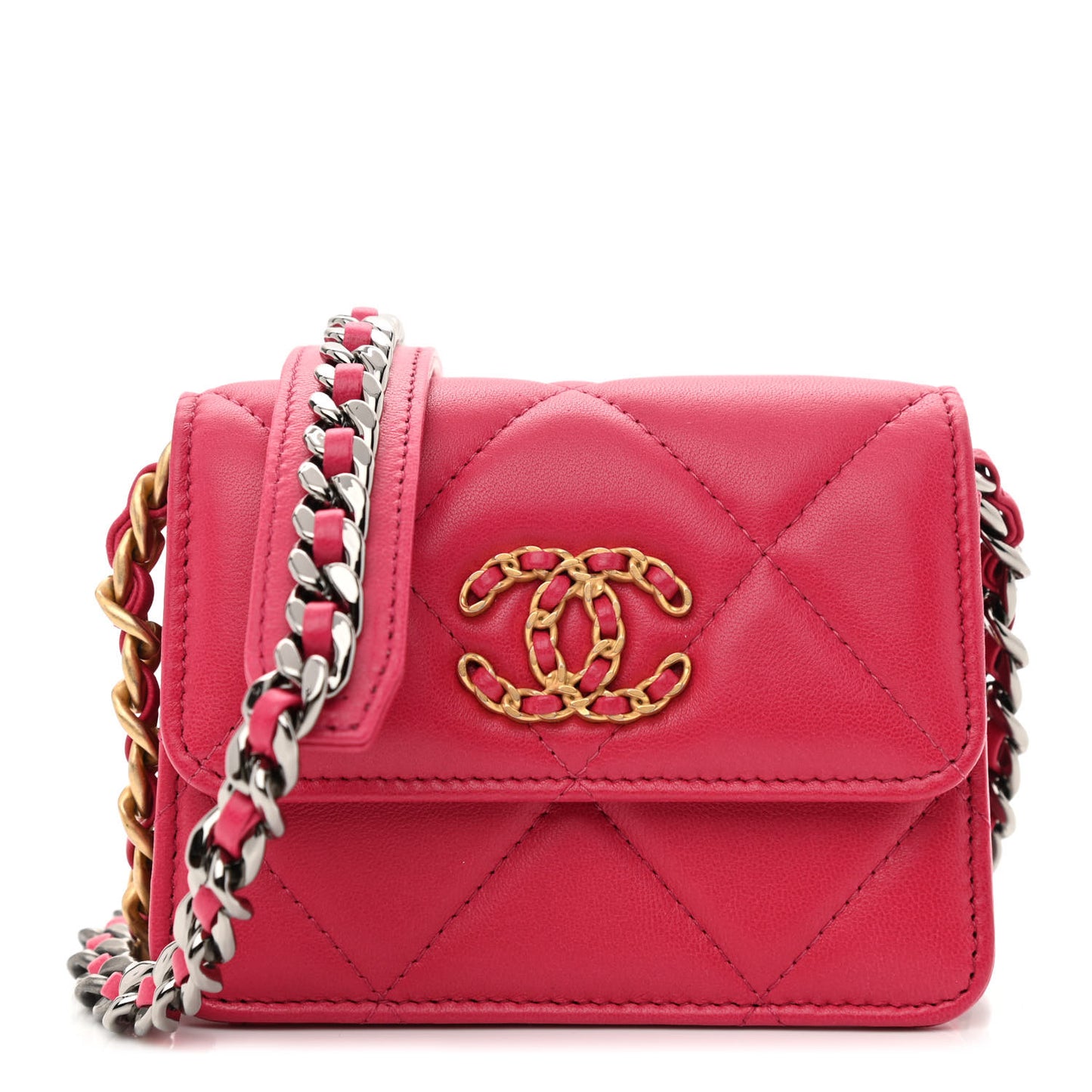 Lambskin Quilted Chanel 19 Flap Card Holder With Chain Dark Pink