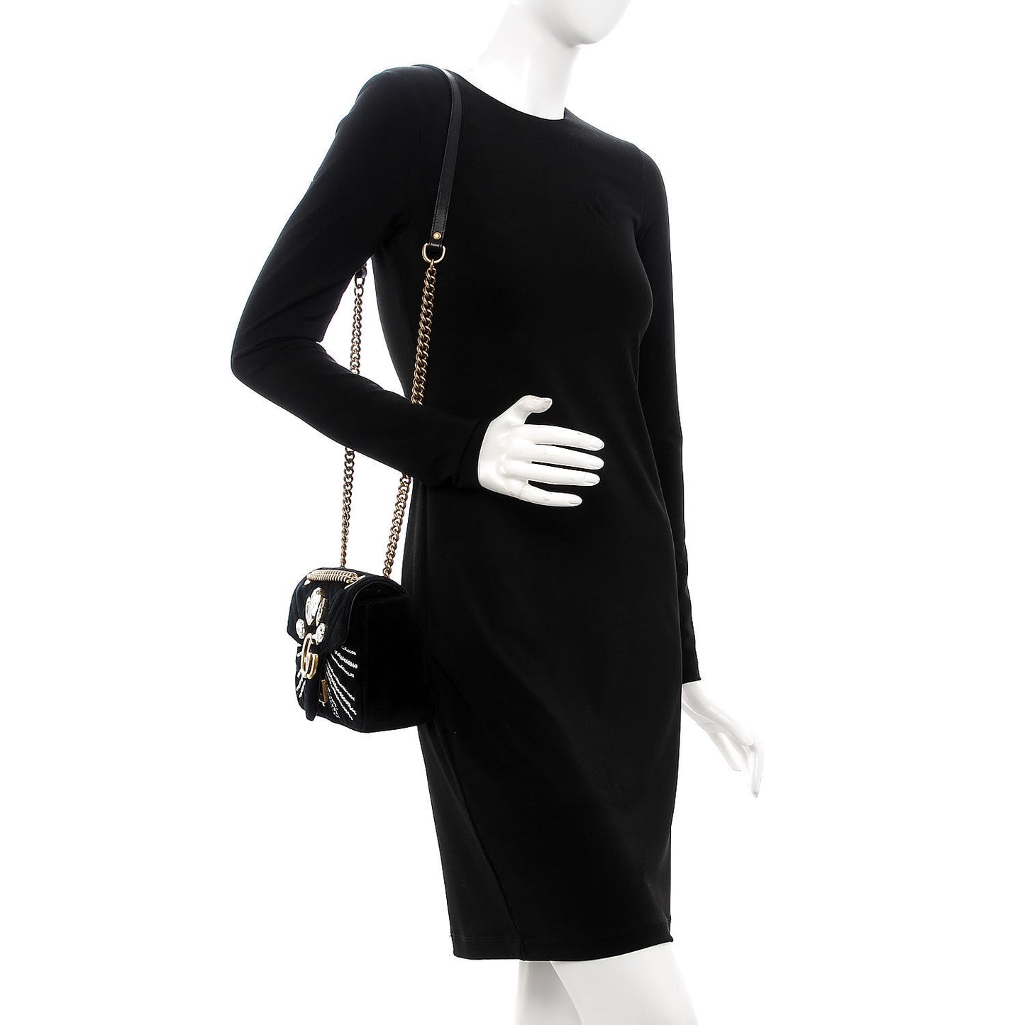 Velvet Matelasse Marquise Crystals Embroidered Small GG Marmont Shoulder Bag Black